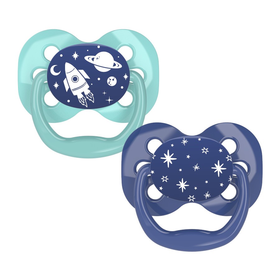 PA12002_Product_F_Advantage_Pacifier_Stage_1_Blue_Space_2-Pack Product image of two science-themed blue and green pacifiers