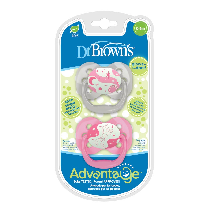 PA12003_Pkg_F_Advantage_Pacifier_Stage_1_Pink_Glow-in-the-Dark_2-pack Product image of two glow-in-the-dark pink pacifiers