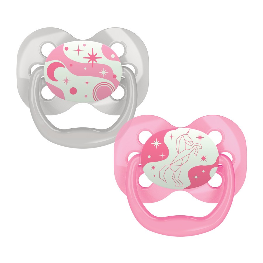 PA12003_Product_Advantage_Pacifier_Stage_1_Pink_Glow_in_the_Dark_1 Product image of two glow-in-the-dark pink pacifiers