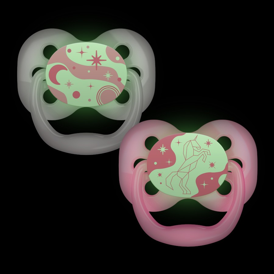 PA12003_Product_Advantage_Pacifier_Stage_1_Pink_Glow_in_the_Dark_2 Product image of two glow-in-the-dark pink pacifiers