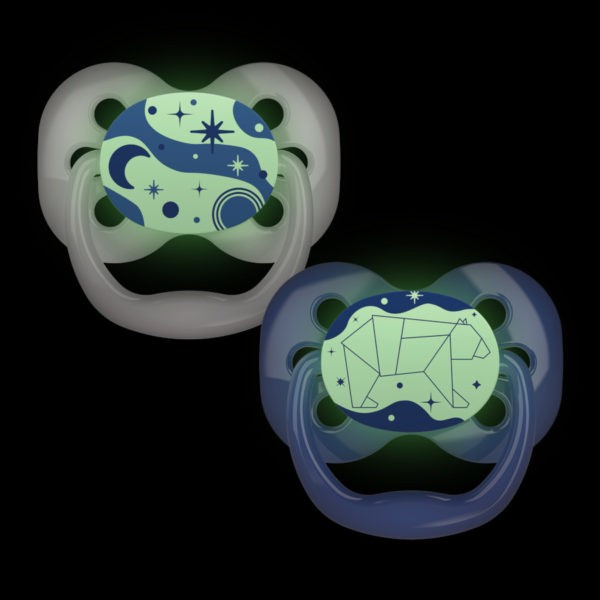 Product image of two glow-in-the-dark blue pacifiers