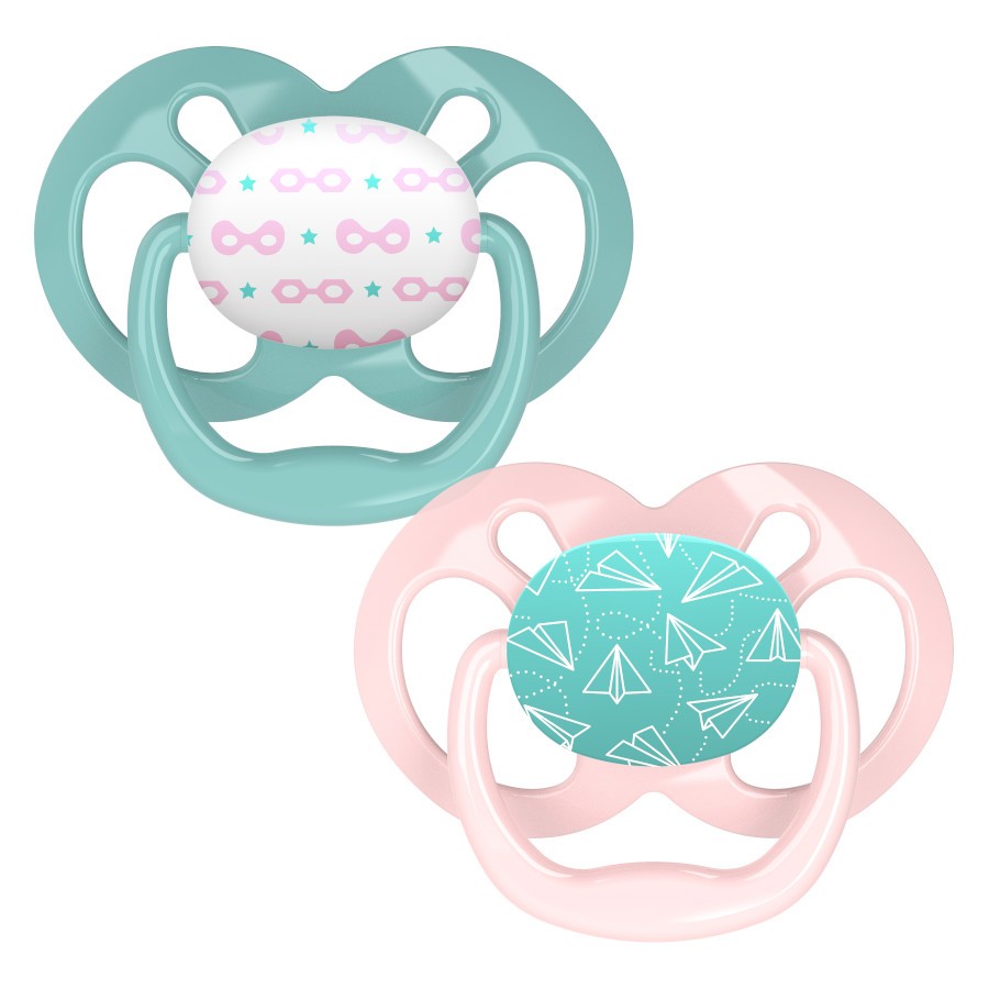 PA22001_Product_F_Advantage_Pacifier_Stage_2_Pink_Airplanes_2-Pack Product image of two pink and green pacifiers