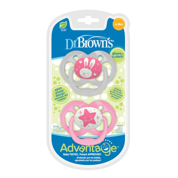 Product image of two glow-in-the-dark pink pacifiers
