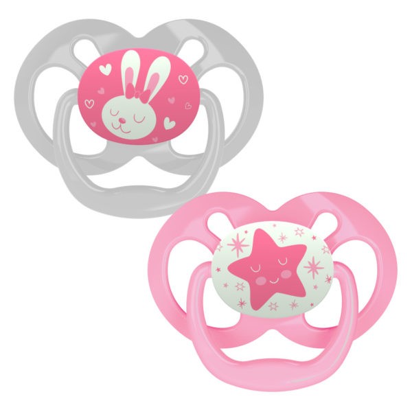 Product image of two glow-in-the-dark pink pacifiers