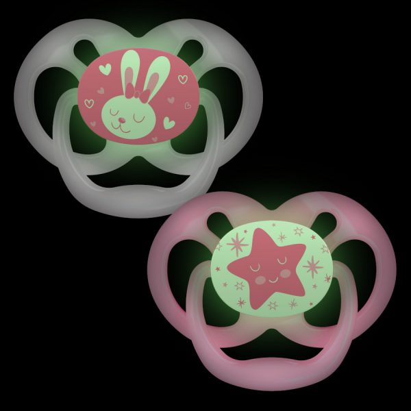Product image of two glow-in-the-dark pink pacifiers
