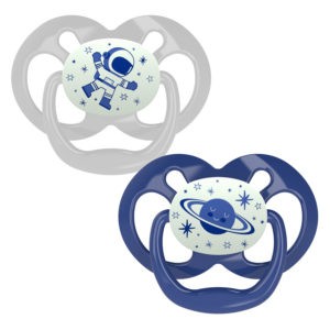 Product image of two glow-in-the-dark blue pacifiers