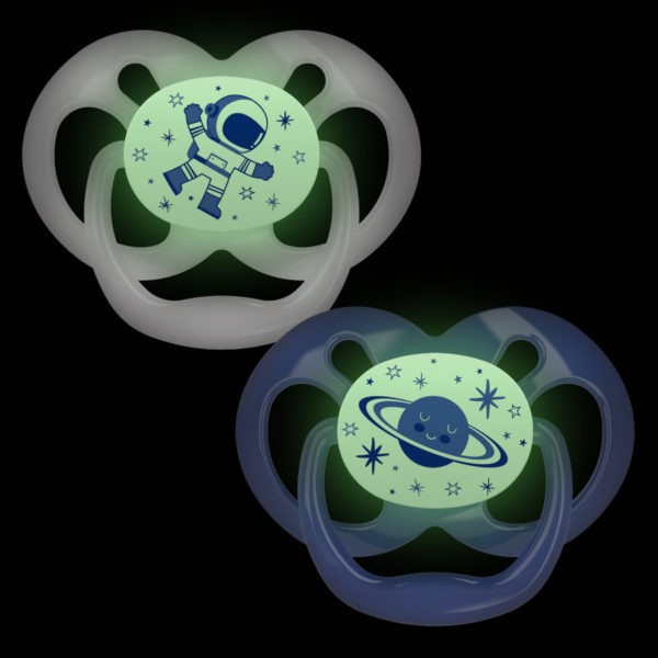 Product image of two glow-in-the-dark blue pacifiers