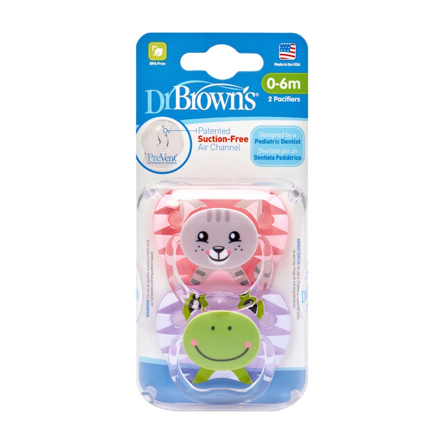 PV12014_Pkg_F_PreVent_Printed_Shield_Animal_Face_Stage_1_Pink_Purple_2-pack Up close image of pink and purple pacifiers in packaging