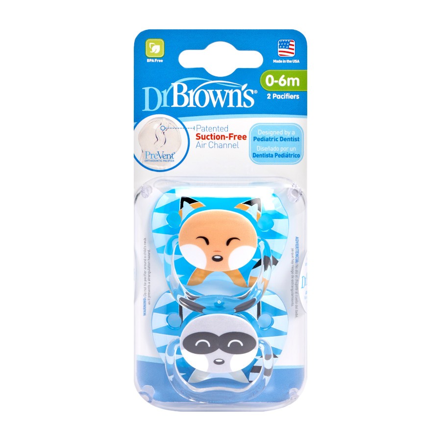 PV12015_Pkg_F_PreVent_Printed_Shield_Animal_Face_Stage_1_Blue_2-pack Up close image of blue pacifiers in packaging