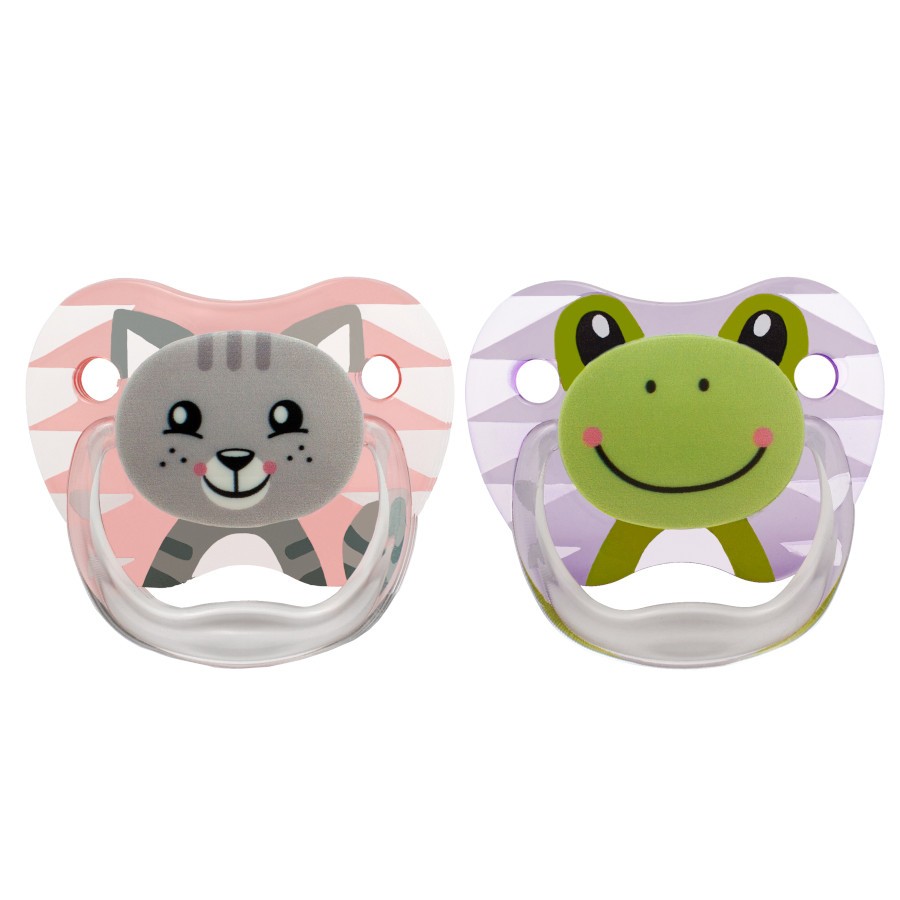 PV12014_Product_PreVent_Printed_Shield_Animal_Face_Stage_1_Pink_Purple_2-pack Upclose shot of pink cat pacifier and purple frog pacifier