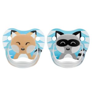 Up close image of blue fox pacifier and blue raccoon pacifier