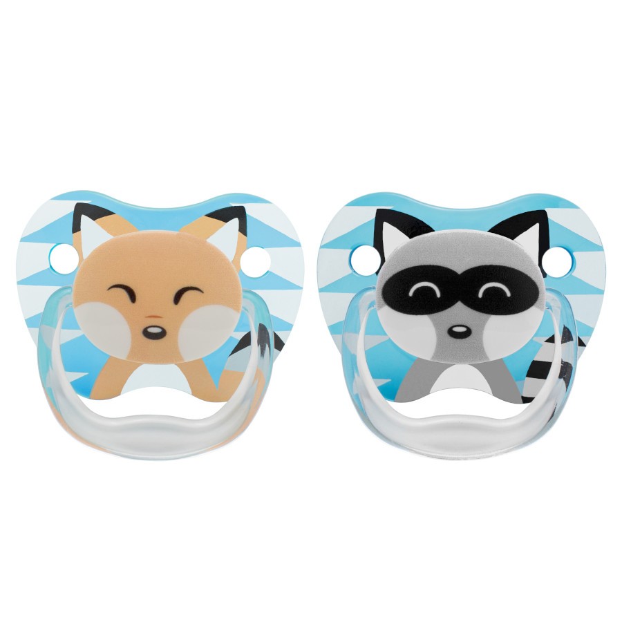 PV12015_Product_PreVent_Printed_Shield_Animal_Face_Stage_1_Blue_2-pack Up close image of blue fox pacifier and blue raccoon pacifier