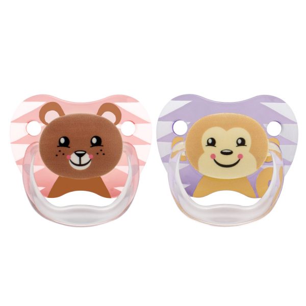 Up close image of pink bear pacifier and purple monkey pacifier