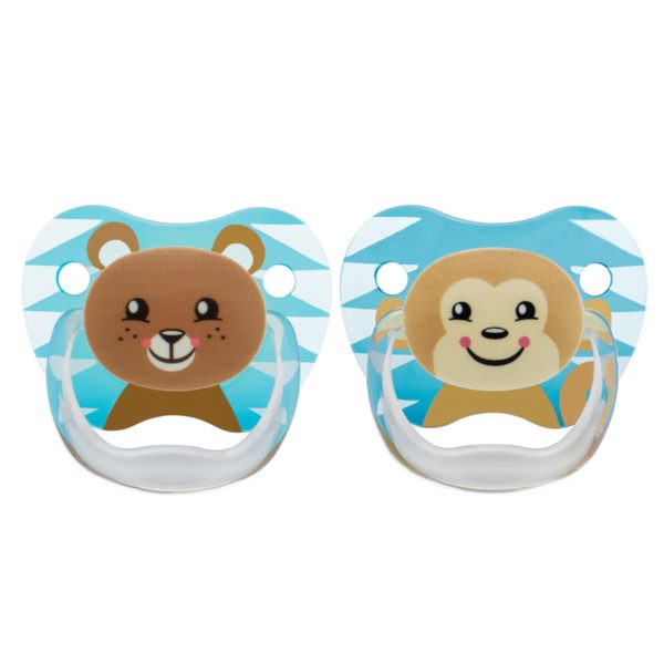 Up close image of blue bear pacifier and blue monkey pacifier