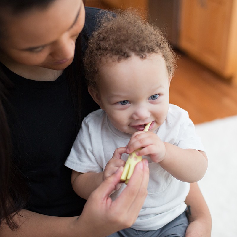 Dr. Brown's Giraffe Toothbrush used to brush baby's teeth by mom